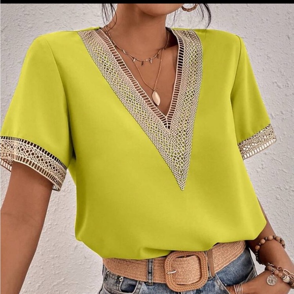 03 Bohemian V neck Lace Solid Minimalist Blouse - Picture 5 of 6